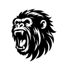 Vector logo of a raging gorilla. Professional logo of a chimpanzee. Black and white logo of an ape isolated on white background.