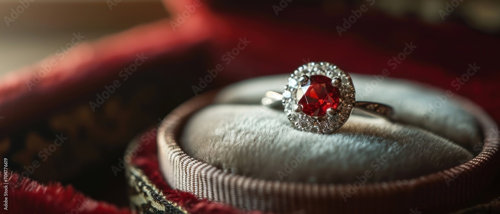 Poster a close up of a ring with a red stone on top of a red velvet box with a red ribbon around it.