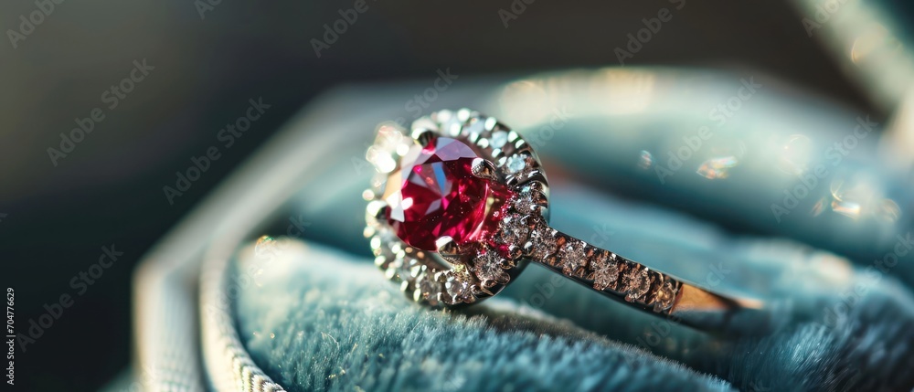 Poster a close up of a ring with a red stone in the middle of the ring and a diamond in the middle of the r