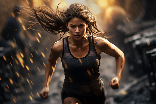 Generative AI Image of Dashing Woman Running Fast on the Street