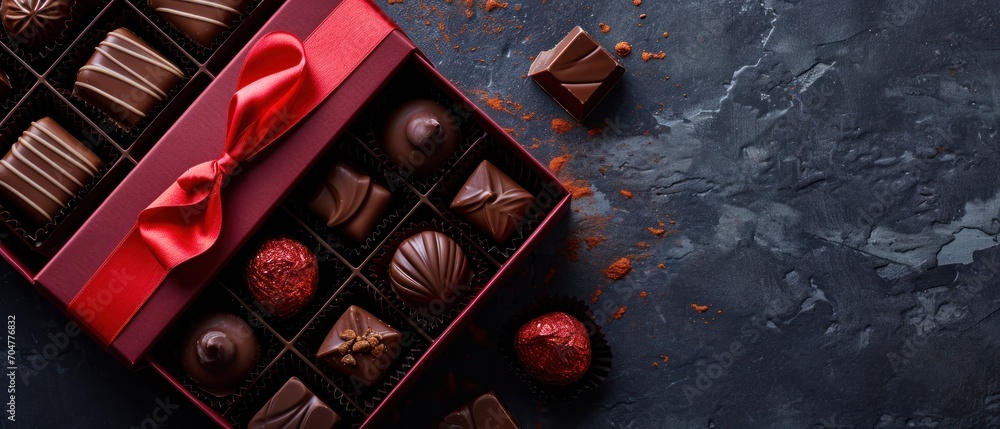 Poster a box of assorted chocolates with a red bow on the top of one of the chocolates is on a table.