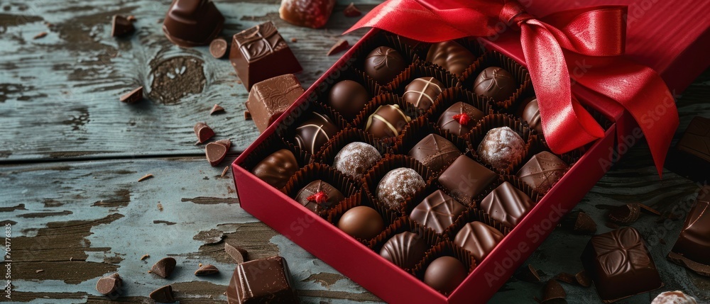 Poster a close up of a box of chocolates with a red ribbon on a wooden table with other chocolates.