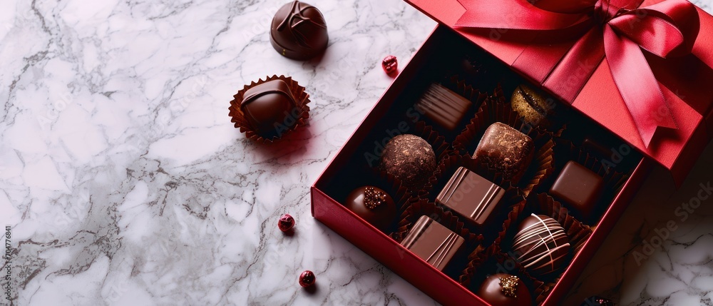 Poster a close up of a box of chocolates with a red bow on the top of it on a marble surface.