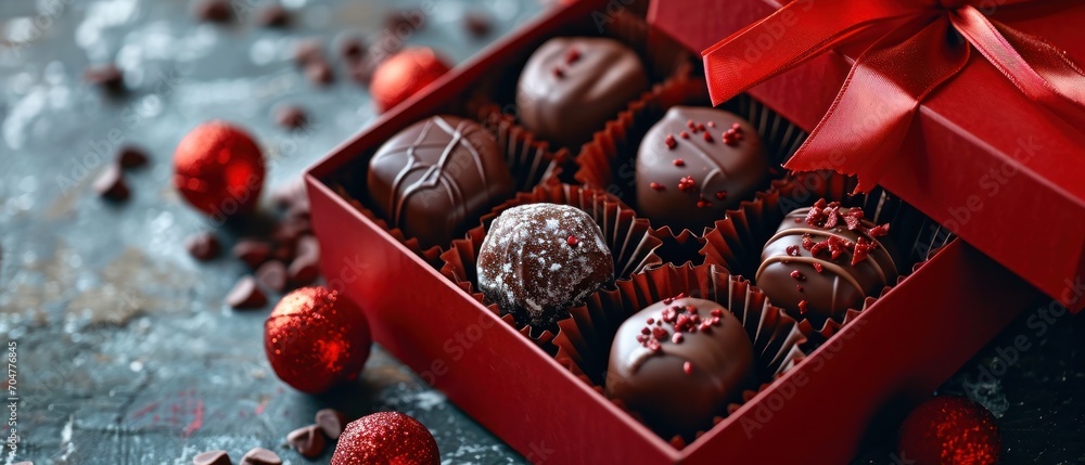 Aufkleber a close up of a box of chocolates with a red bow on the top of one of the boxes.