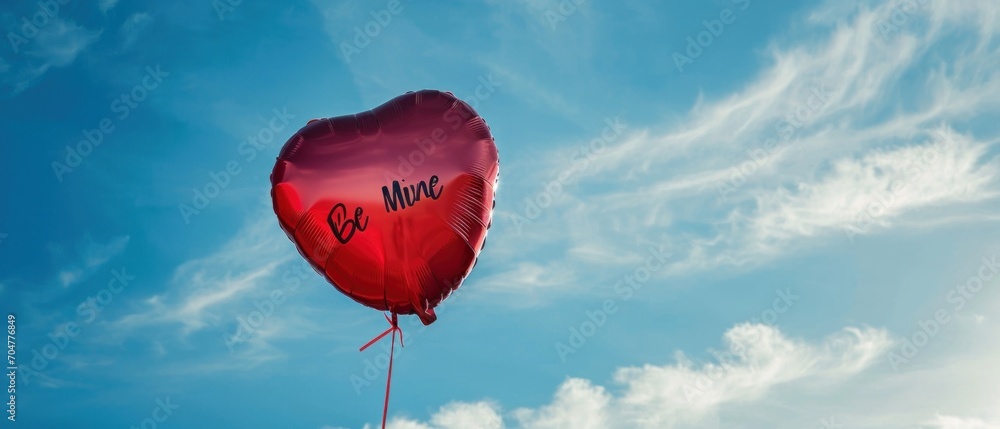 Poster a red heart - shaped balloon with the word be more on it floating in a blue sky with wispy clouds.
