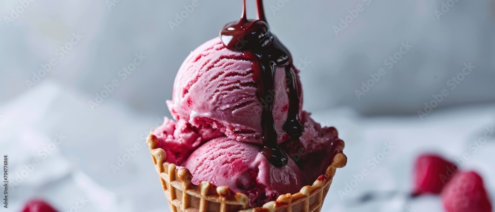 Aufkleber a scoop of ice cream in a waffle cone with a drizzle of chocolate on top of it.