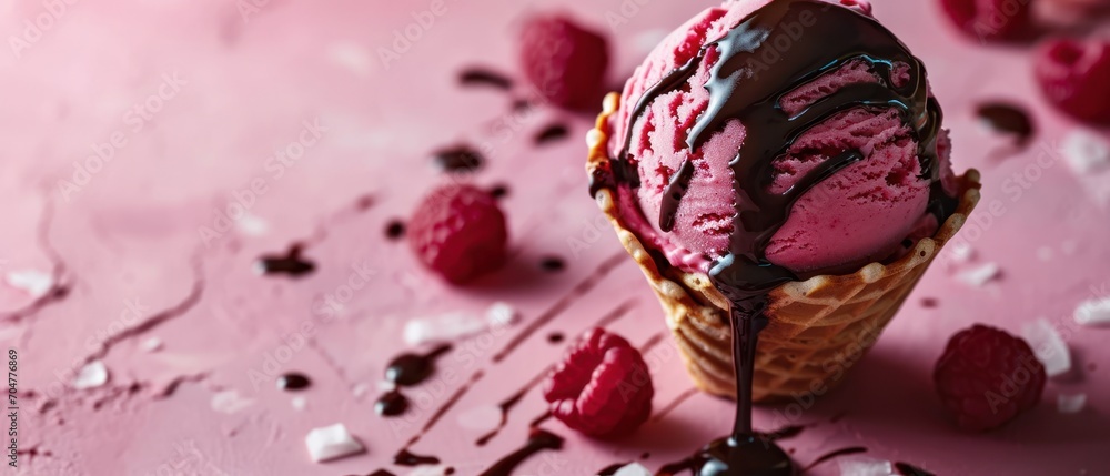 Poster a chocolate and raspberry ice cream in a waffle cone on a pink surface with raspberries scattered ar