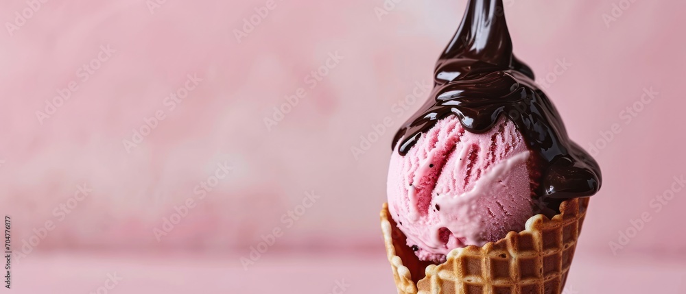 Poster a scoop of ice cream in a waffle cone with a chocolate drizzle on the top of it.