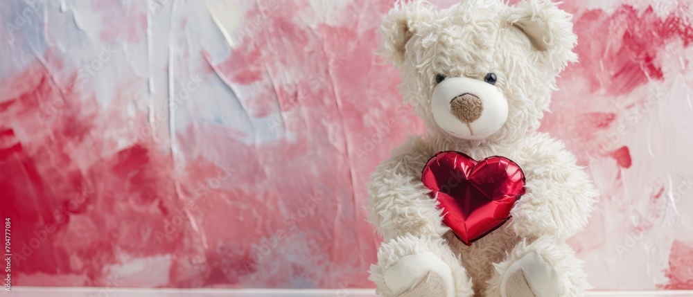 Sticker a white bear with a red heart sitting in front of a pink and red wall with paint splatters.