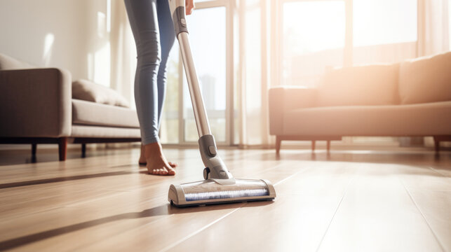 Person confidently wields a vacuum cleaner, ensuring a spotless living space.