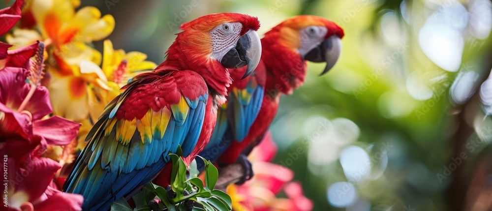 Poster two colorful parrots perched on a branch of a tree with red and yellow flowers in front of a blurry 