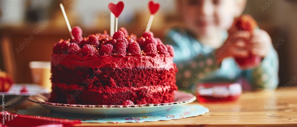 Poster a little boy sitting at a table in front of a cake with red frosting and hearts on top of it.