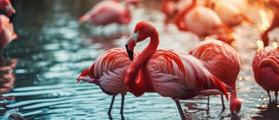  a group of flamingos standing in a body of water with their beaks in the other side of the water.