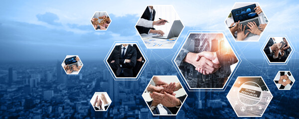 Teamwork and human resources HR management technology concept in corporate business with people...