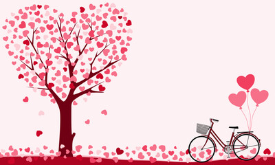 Valentine background with love heart leaves tree and bicycle. Vector Illustration.