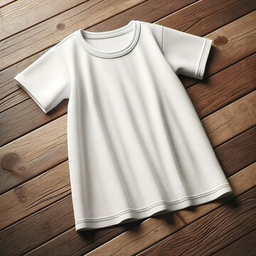 A mockup of a clean and plain white kids' nightgown laid out flat on a rustic wooden floor background