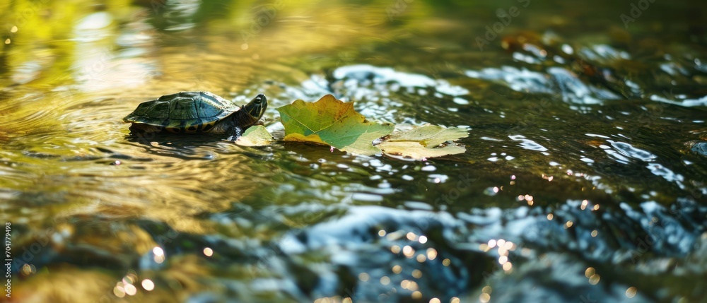 Poster .the image shows a green turtle in the water, floating on top of a pond with leaves. the turtle is p