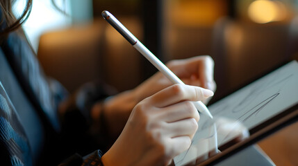 Business woman using stylus pen on digital tablet at office - obrazy, fototapety, plakaty