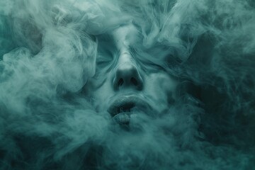  .In the image, a person is wearing silver makeup and appears to be inhaling fog from their mouth. The person has smoke or vapor coming out of their nose while they look off into the distance. This.