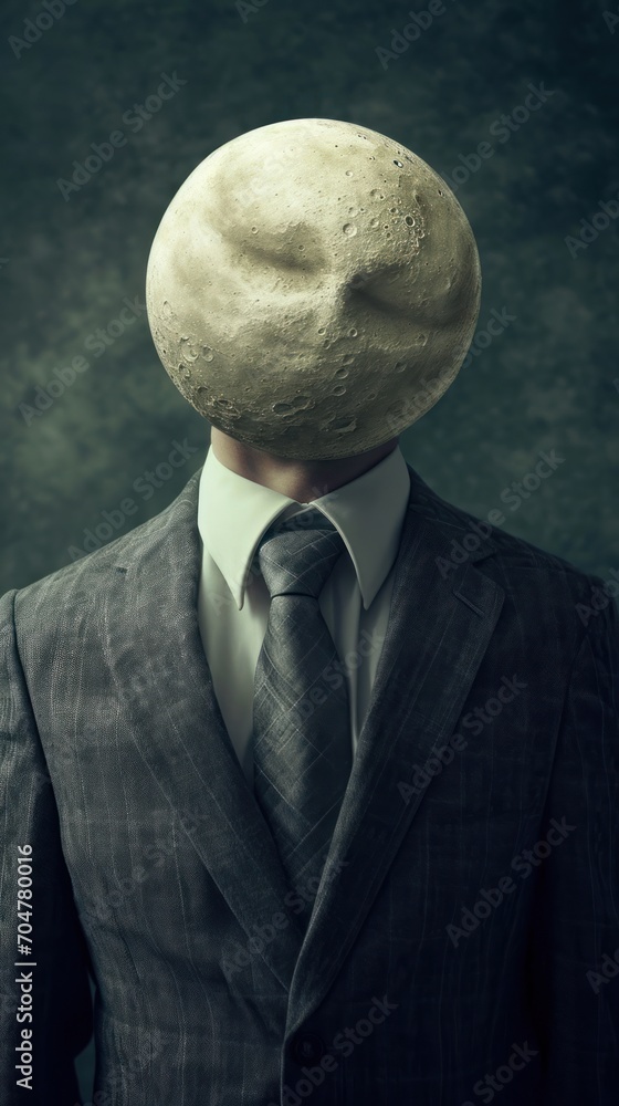 Poster the image features a man wearing a suit and tie standing in front of a wall. on his head, there is a