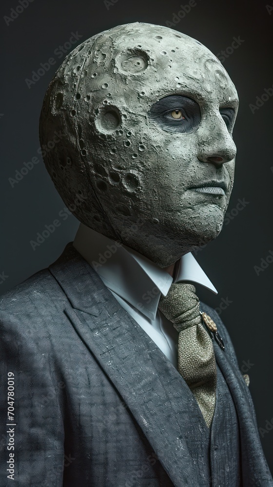 Poster the image features a man with an interesting headpiece resembling a moon. the head of the person is 