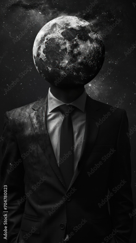 Poster this is a man wearing a suit and tie with his face replaced by an image of the moon. he appears to b