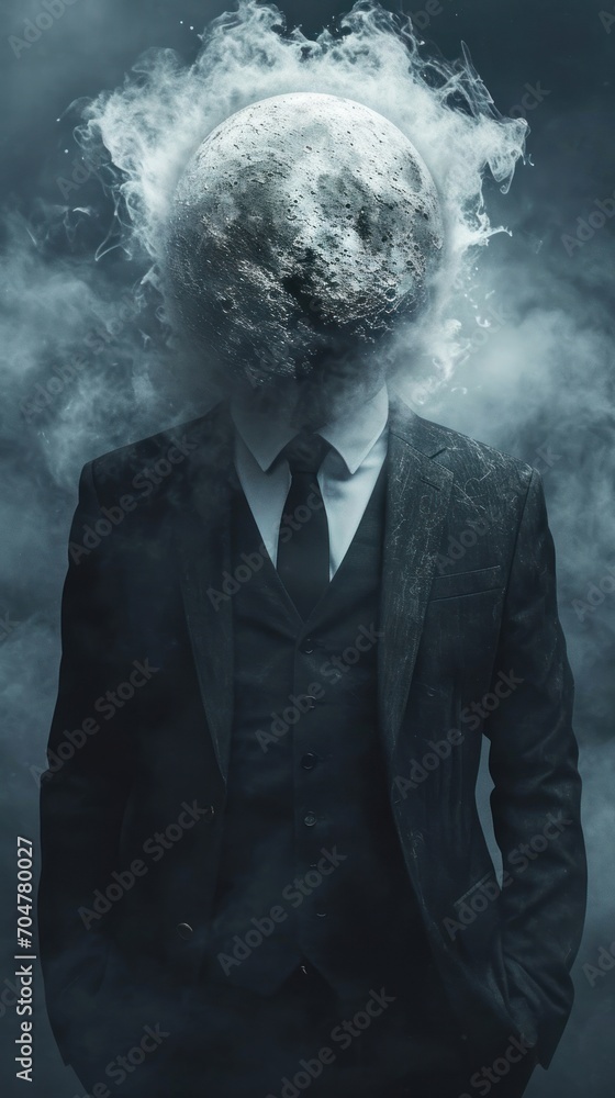 Poster a man in a suit and tie standing in front of a cloud of smoke, creating a mysterious and captivating