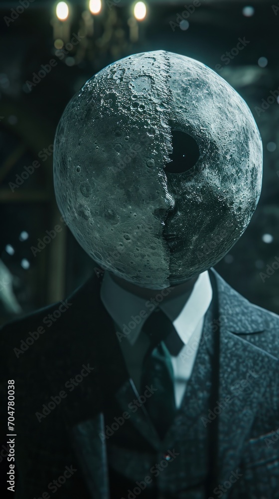 Poster the image depicts a man wearing a black suit and tie, with an odd headpiece that resembles a moon. h