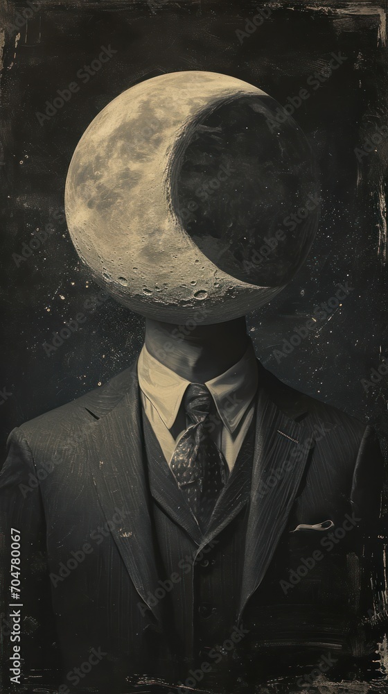 Poster the image features a man wearing a suit with a tie, and he has a moon on his head. the moon is quite
