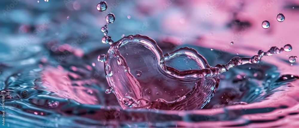Poster the image shows a close-up of a heart shaped splash in the air, with water droplets surrounding it. 