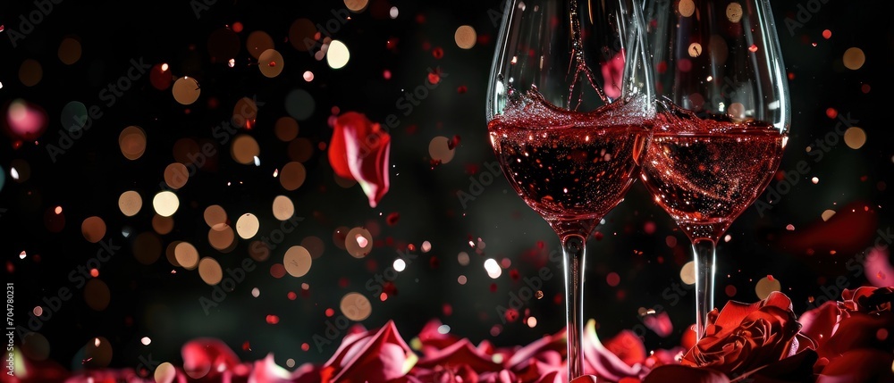 Poster .the image shows a table with two glasses of wine, both filled half way. the table has red rose peta