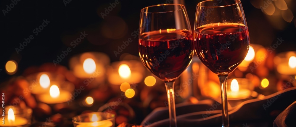 Aufkleber the image features two wine glasses filled with red wine, placed on a table. the scene is set agains