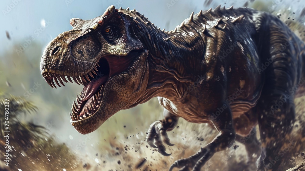 Poster a dinosaur with its mouth wide open, in motion and covered in mud. it is a t-rex..
