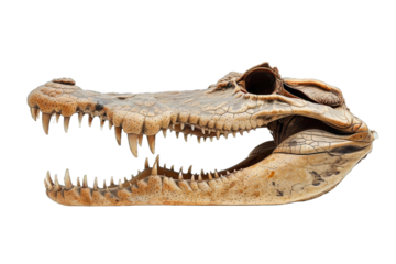 skull is open-mouthed displaying an array of sharp and pointed teeth that are well-preserved