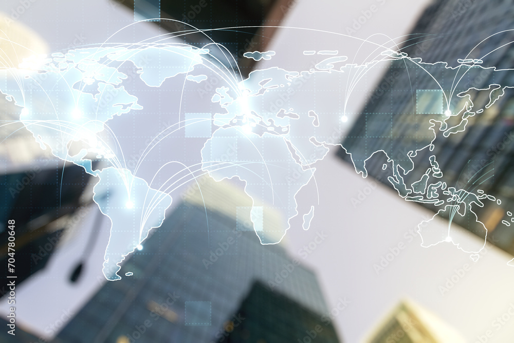 Poster double exposure of abstract digital world map hologram with connections on blurry cityscape backgrou