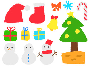 子どもがクレヨンで描いたようなクリスマスの手書き風イラストセット（ベクター版）