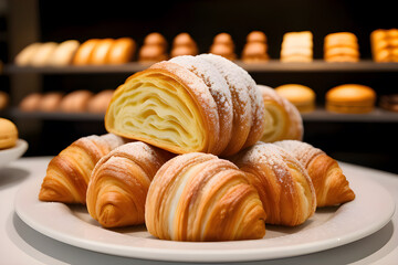 A Traditional French Pastry Showcase with Croissants, Éclairs, and Macarons
