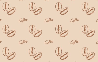 Brown coffee beans and coffee word on brown and beige background vector illustration 