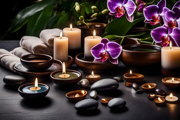 Obraz na płótnie Canvas Craft a tranquil beauty treatment scene by incorporating massage stones, beautiful orchid flowers, fluffy towels, and the calming glow of burning candles.