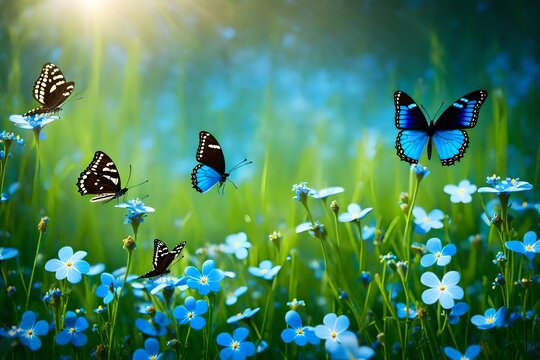 Craft a vivid and captivating image of a beautiful summer or spring meadow, featuring the charming blue forget-me-not flowers and the delightful flight of two butterflies in the wild landscape.