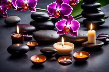 Create a serene spa ambiance with a background featuring massage stones, exotic orchid flowers, soft towels, and the soothing radiance of burning candles.