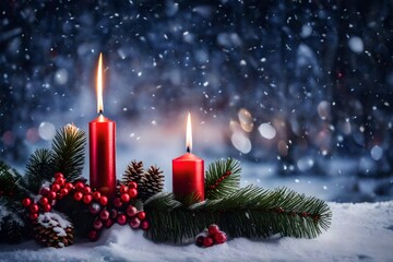 Design a heartwarming holiday card with a Christmas or advent candle surrounded by snow-dusted fir branches, red berries, and radiant red stars in a serene winter landscape.