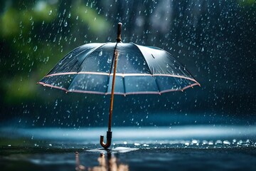 Design a captivating rainy weather scene with a transparent umbrella adorned with raindrops against a water drop splash background, portraying the soothing and refreshing essence of wet weather. - obrazy, fototapety, plakaty