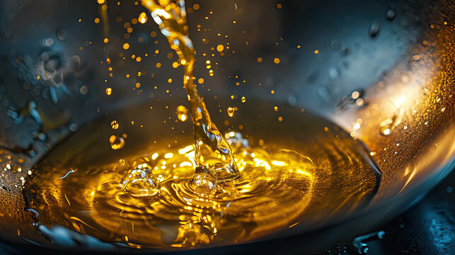 Oil being poured into a pan, depicts oil being poured into a cooking pan. Suitable for food blogs, recipe websites, cooking tutorials, and culinary-related designs.