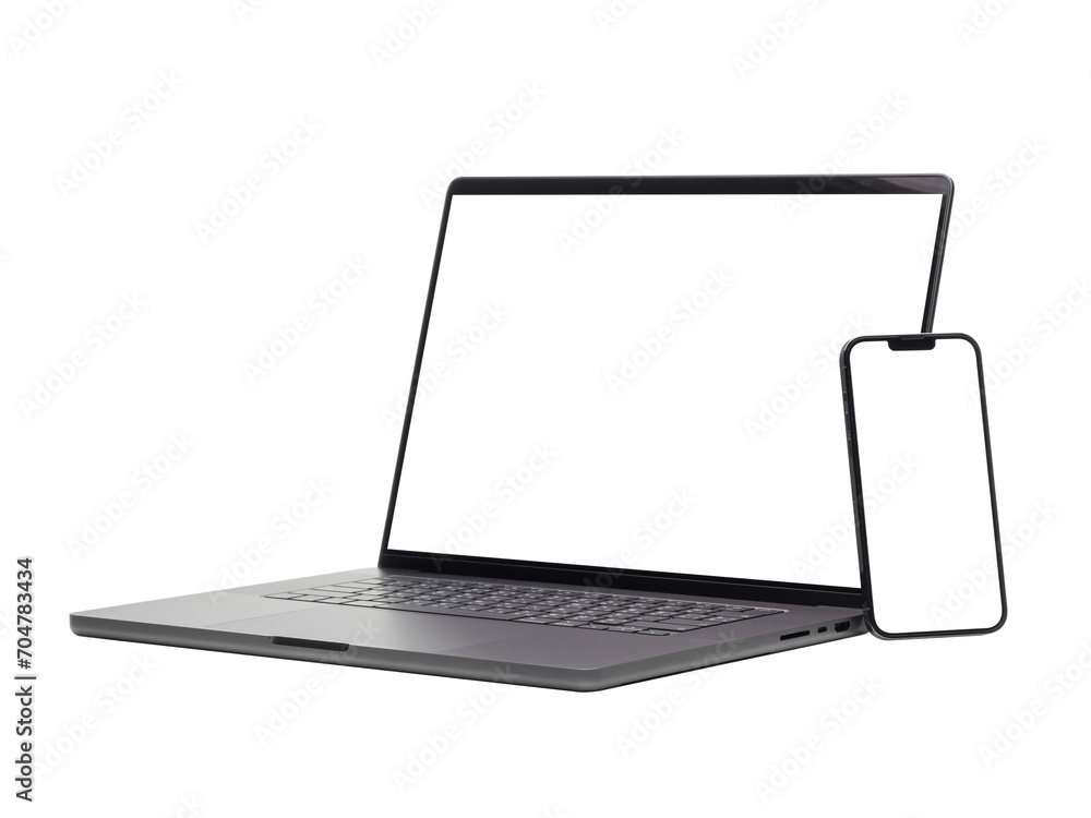 Aufkleber laptop and smart phone with blank screen isolated on transparent background with clipping path.
