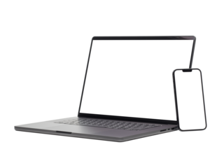 Laptop and smart phone with blank screen isolated on transparent background with clipping path.