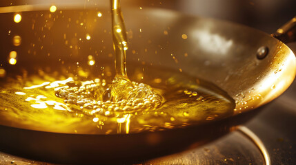 Oil being poured into a pan, depicts oil being poured into a cooking pan. Suitable for food blogs, recipe websites, cooking tutorials, and culinary-related designs.