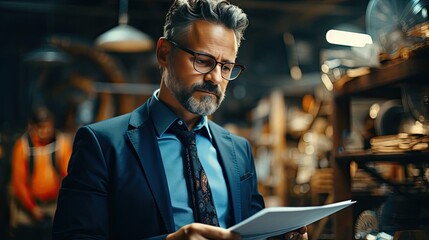 Elegant businessman in eyeglasses reading documents in his shop
