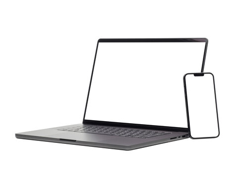 Laptop and smart phone with blank screen isolated on transparent background with clipping path.