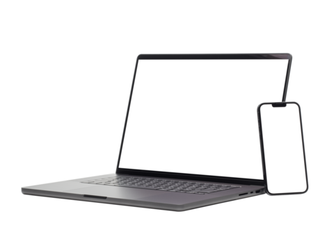 Laptop and smart phone with blank screen isolated on transparent background with clipping path.